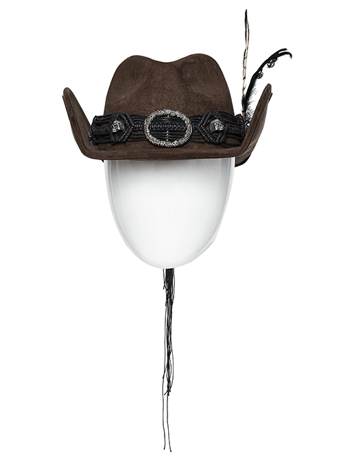 Classic Brown Suede Fabric With Retro Skull Tassel Side Feather Decoration Punk Style Cowboy Hat