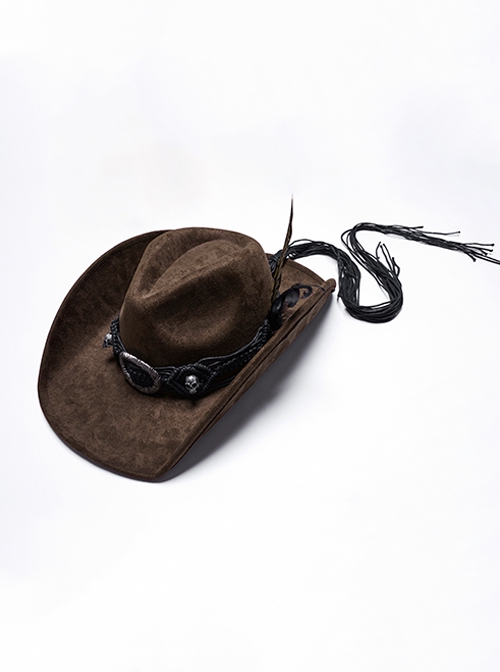 Classic Brown Suede Fabric With Retro Skull Tassel Side Feather Decoration Punk Style Cowboy Hat