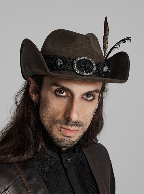 Classic Brown Suede Fabric With Retro Skull Tassel Side Feather Decoration Punk Style Cowboy Hat