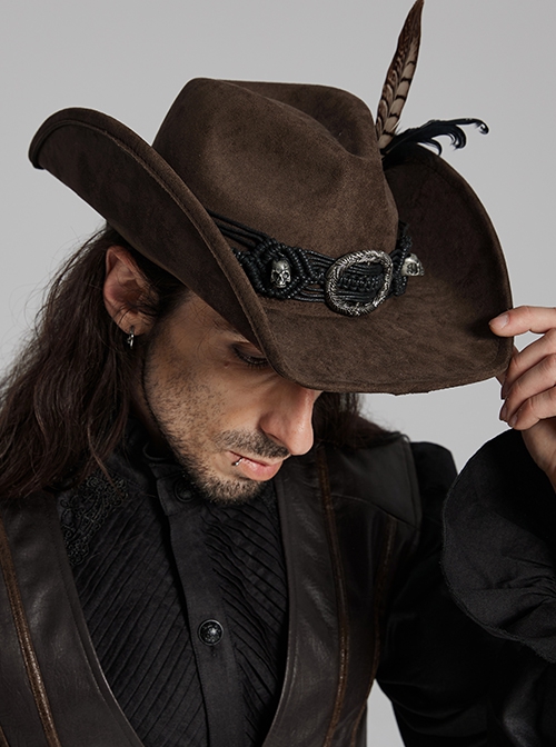 Classic Brown Suede Fabric With Retro Skull Tassel Side Feather Decoration Punk Style Cowboy Hat