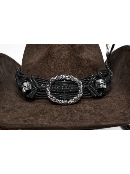 Classic Brown Suede Fabric With Retro Skull Tassel Side Feather Decoration Punk Style Cowboy Hat