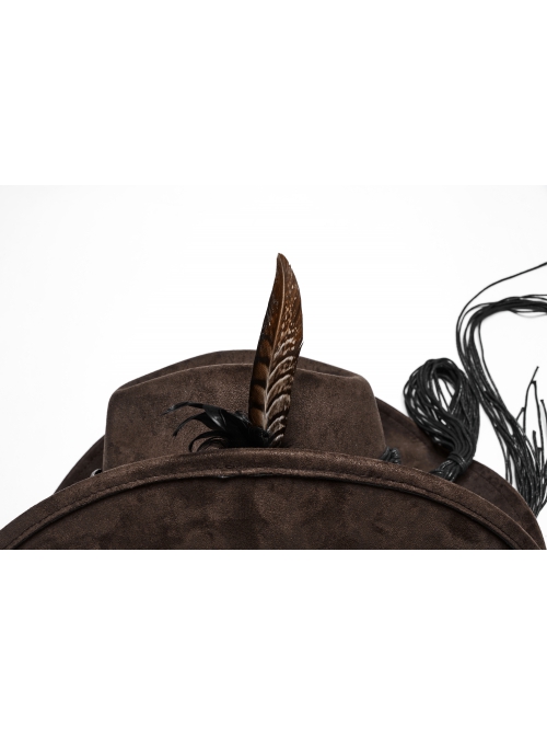 Classic Brown Suede Fabric With Retro Skull Tassel Side Feather Decoration Punk Style Cowboy Hat