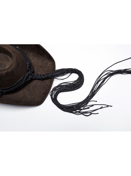 Classic Brown Suede Fabric With Retro Skull Tassel Side Feather Decoration Punk Style Cowboy Hat
