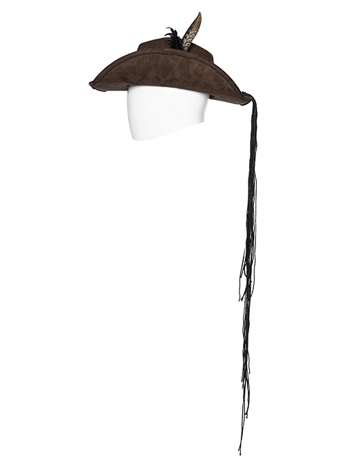 Classic Brown Suede Fabric With Retro Skull Tassel Side Feather Decoration Punk Style Cowboy Hat