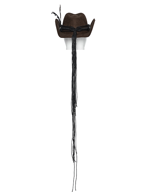 Classic Brown Suede Fabric With Retro Skull Tassel Side Feather Decoration Punk Style Cowboy Hat