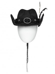 Classic Black Suede Fabric With Retro Skull Tassel Side Feather Decoration Punk Style Cowboy Hat