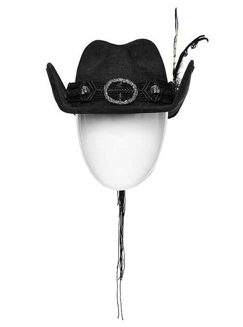 Classic Black Suede Fabric With Retro Skull Tassel Side Feather Decoration Punk Style Cowboy Hat