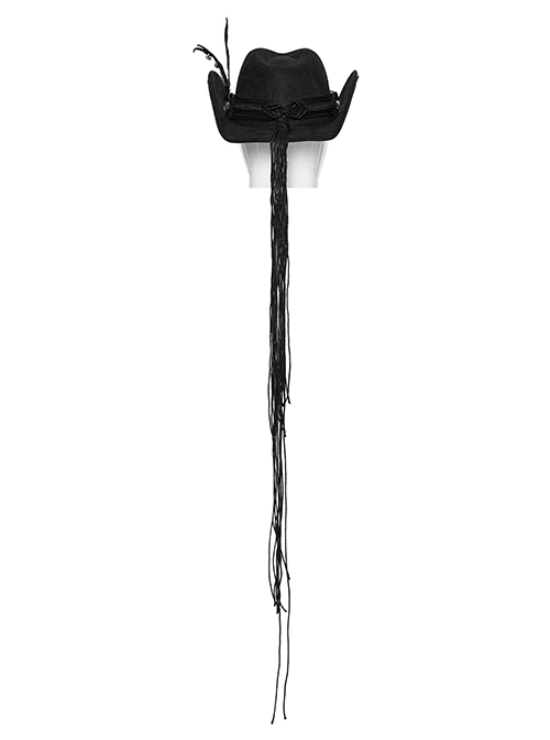 Classic Black Suede Fabric With Retro Skull Tassel Side Feather Decoration Punk Style Cowboy Hat