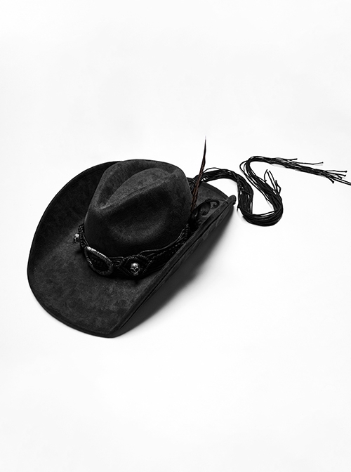 Classic Black Suede Fabric With Retro Skull Tassel Side Feather Decoration Punk Style Cowboy Hat