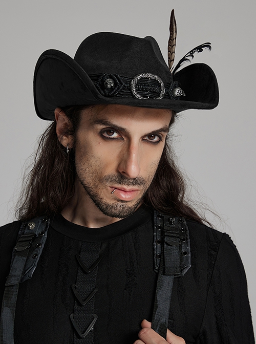 Classic Black Suede Fabric With Retro Skull Tassel Side Feather Decoration Punk Style Cowboy Hat