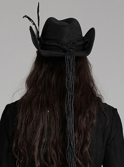 Classic Black Suede Fabric With Retro Skull Tassel Side Feather Decoration Punk Style Cowboy Hat