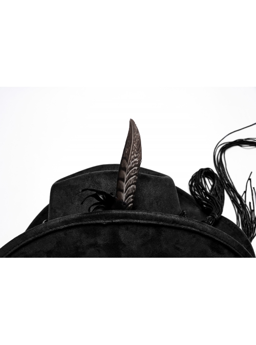 Classic Black Suede Fabric With Retro Skull Tassel Side Feather Decoration Punk Style Cowboy Hat