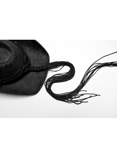 Classic Black Suede Fabric With Retro Skull Tassel Side Feather Decoration Punk Style Cowboy Hat
