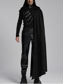 Black Asymmetrical Suede Stitching And Laminated Surface Detachable Hood Design Punk Style Cape