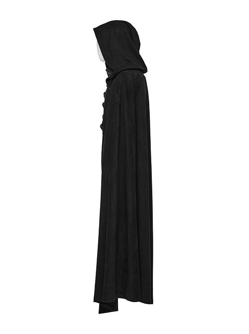 Black Asymmetrical Suede Stitching And Laminated Surface Detachable Hood Design Punk Style Cape