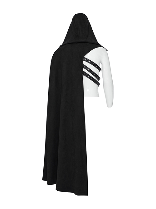 Black Asymmetrical Suede Stitching And Laminated Surface Detachable Hood Design Punk Style Cape