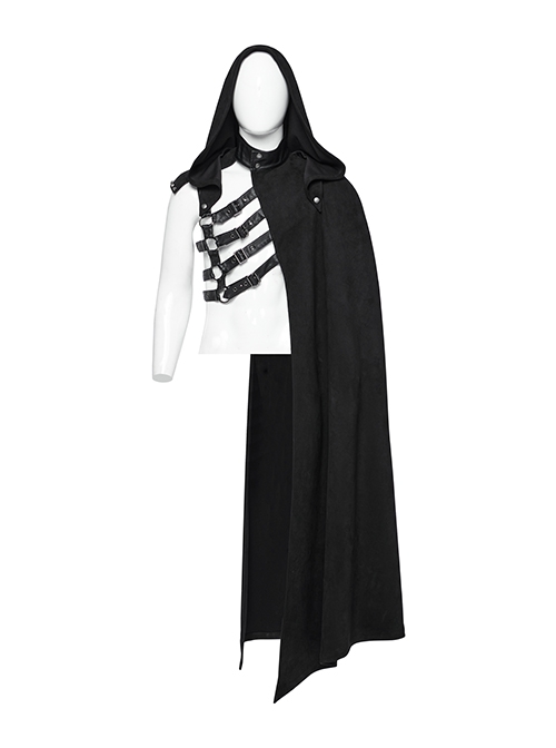 Black Asymmetrical Suede Stitching And Laminated Surface Detachable Hood Design Punk Style Cape