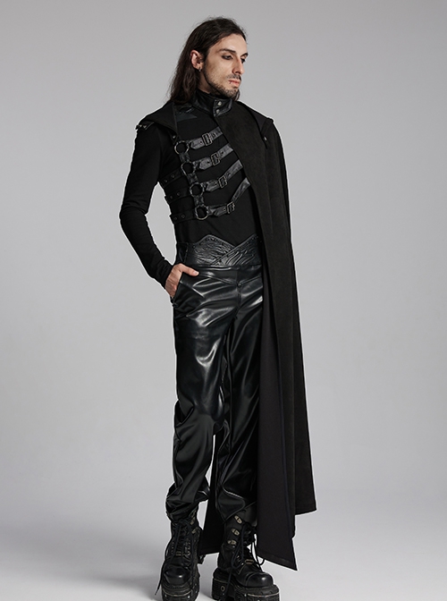 Black Asymmetrical Suede Stitching And Laminated Surface Detachable Hood Design Punk Style Cape