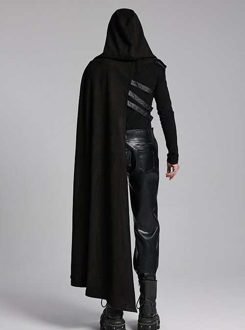 Black Asymmetrical Suede Stitching And Laminated Surface Detachable Hood Design Punk Style Cape