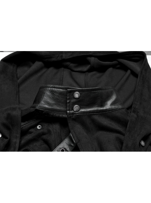 Black Asymmetrical Suede Stitching And Laminated Surface Detachable Hood Design Punk Style Cape