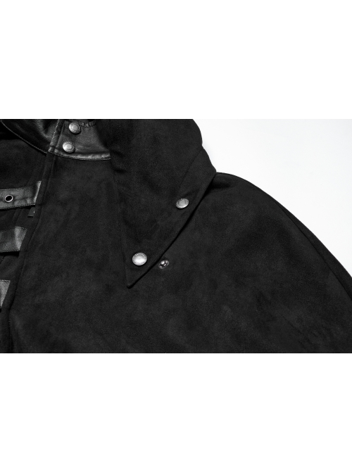 Black Asymmetrical Suede Stitching And Laminated Surface Detachable Hood Design Punk Style Cape