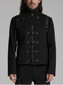 Three Dimensional Black Elastic Twill Front Center Button Shoulder Rivet Decoration Punk Style Stand Collar Long Sleeve Jacket