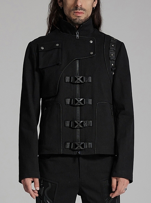 Three Dimensional Black Elastic Twill Front Center Button Shoulder Rivet Decoration Punk Style Stand Collar Long Sleeve Jacket