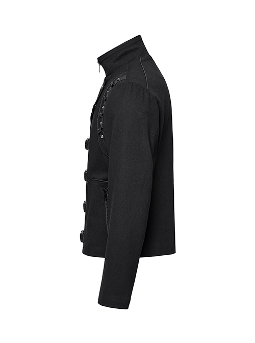 Three Dimensional Black Elastic Twill Front Center Button Shoulder Rivet Decoration Punk Style Stand Collar Long Sleeve Jacket