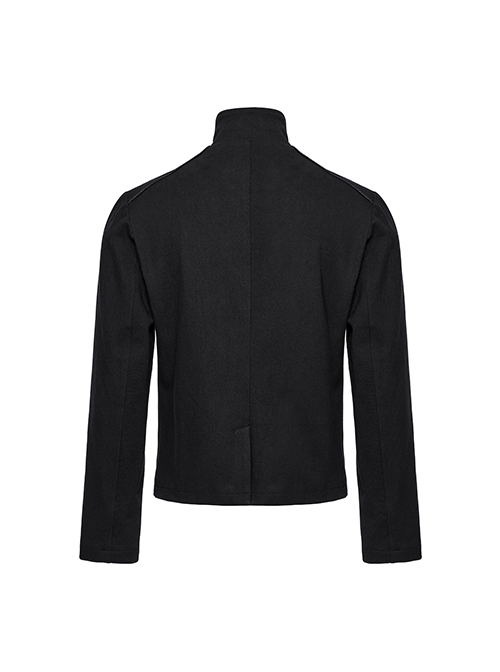 Three Dimensional Black Elastic Twill Front Center Button Shoulder Rivet Decoration Punk Style Stand Collar Long Sleeve Jacket