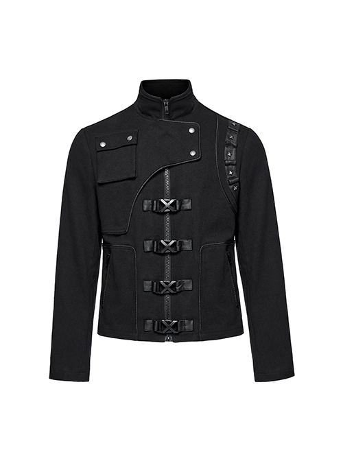 Three Dimensional Black Elastic Twill Front Center Button Shoulder Rivet Decoration Punk Style Stand Collar Long Sleeve Jacket