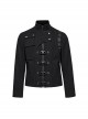Three Dimensional Black Elastic Twill Front Center Button Shoulder Rivet Decoration Punk Style Stand Collar Long Sleeve Jacket