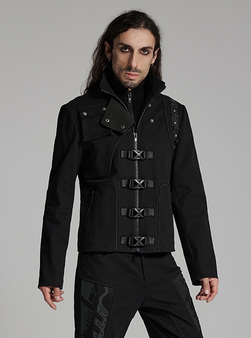 Three Dimensional Black Elastic Twill Front Center Button Shoulder Rivet Decoration Punk Style Stand Collar Long Sleeve Jacket