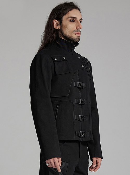 Three Dimensional Black Elastic Twill Front Center Button Shoulder Rivet Decoration Punk Style Stand Collar Long Sleeve Jacket