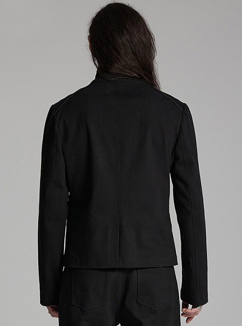 Three Dimensional Black Elastic Twill Front Center Button Shoulder Rivet Decoration Punk Style Stand Collar Long Sleeve Jacket