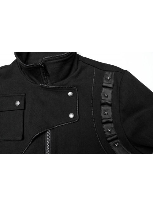 Three Dimensional Black Elastic Twill Front Center Button Shoulder Rivet Decoration Punk Style Stand Collar Long Sleeve Jacket