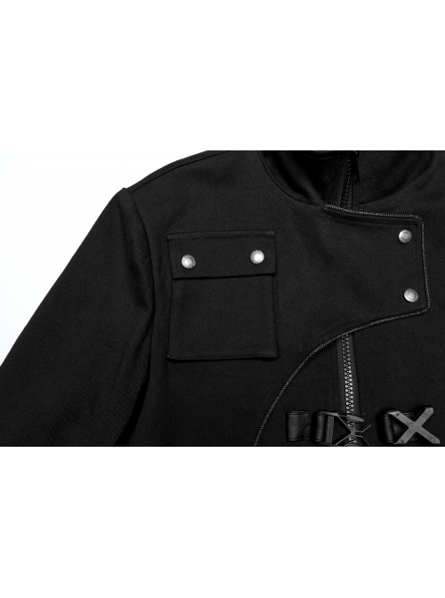 Three Dimensional Black Elastic Twill Front Center Button Shoulder Rivet Decoration Punk Style Stand Collar Long Sleeve Jacket