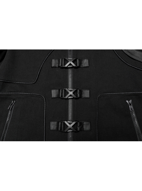 Three Dimensional Black Elastic Twill Front Center Button Shoulder Rivet Decoration Punk Style Stand Collar Long Sleeve Jacket