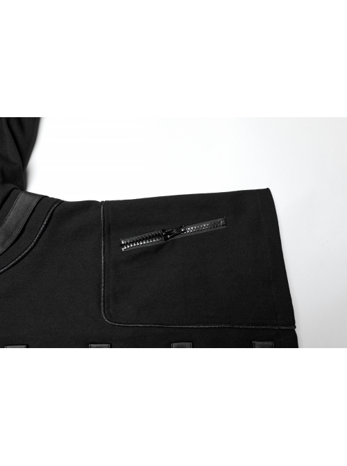 Three Dimensional Black Elastic Twill Front Center Button Shoulder Rivet Decoration Punk Style Stand Collar Long Sleeve Jacket