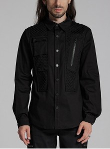 Black Slightly Elastic Twill Woven Front And Back Diamond Mesh With Three Dimensional Pocket Design Punk Style Long Sleeved Shirt