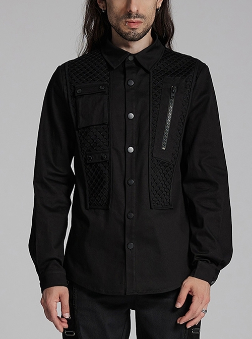 Black Slightly Elastic Twill Woven Front And Back Diamond Mesh With Three Dimensional Pocket Design Punk Style Long Sleeved Shirt