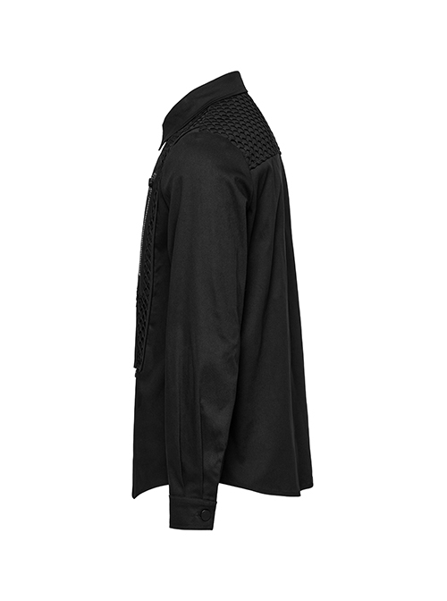 Black Slightly Elastic Twill Woven Front And Back Diamond Mesh With Three Dimensional Pocket Design Punk Style Long Sleeved Shirt