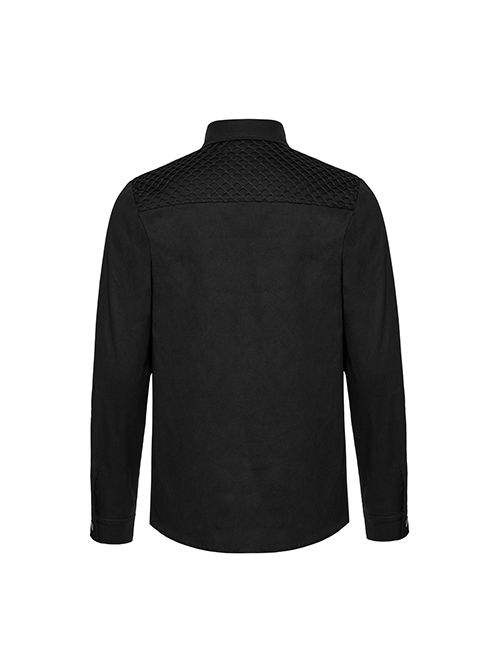 Black Slightly Elastic Twill Woven Front And Back Diamond Mesh With Three Dimensional Pocket Design Punk Style Long Sleeved Shirt