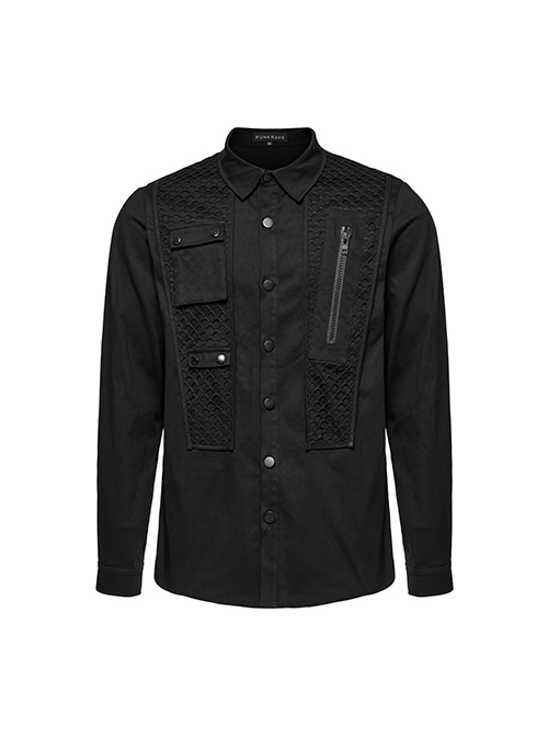 Black Slightly Elastic Twill Woven Front And Back Diamond Mesh With Three Dimensional Pocket Design Punk Style Long Sleeved Shirt