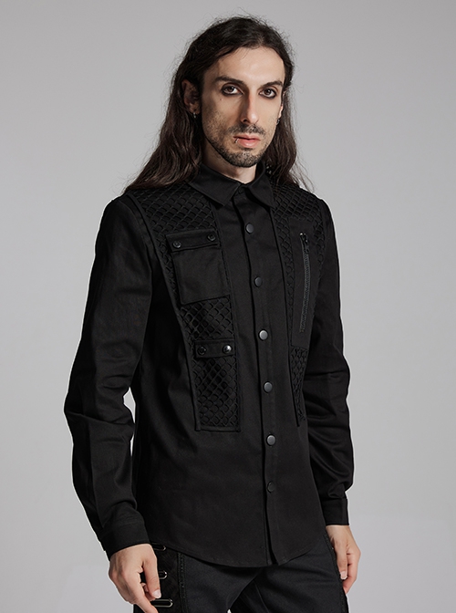 Black Slightly Elastic Twill Woven Front And Back Diamond Mesh With Three Dimensional Pocket Design Punk Style Long Sleeved Shirt