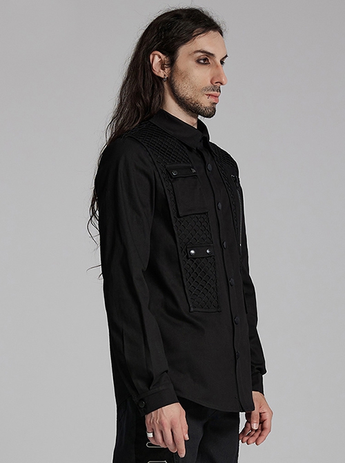 Black Slightly Elastic Twill Woven Front And Back Diamond Mesh With Three Dimensional Pocket Design Punk Style Long Sleeved Shirt