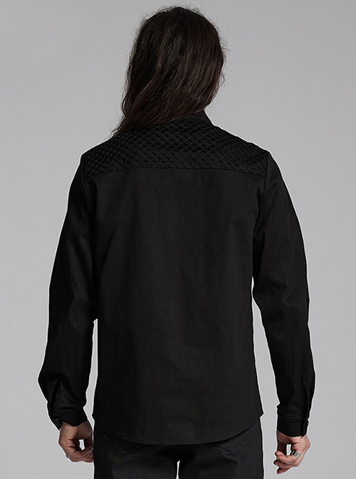 Black Slightly Elastic Twill Woven Front And Back Diamond Mesh With Three Dimensional Pocket Design Punk Style Long Sleeved Shirt