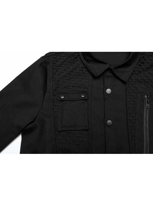 Black Slightly Elastic Twill Woven Front And Back Diamond Mesh With Three Dimensional Pocket Design Punk Style Long Sleeved Shirt