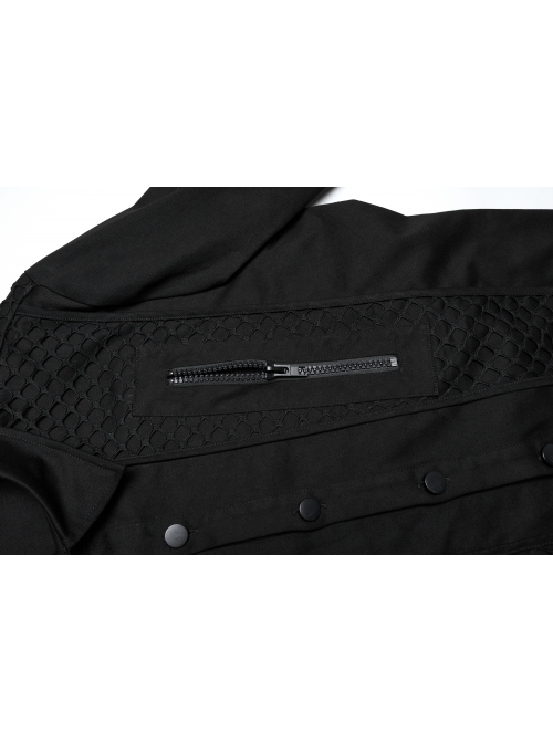 Black Slightly Elastic Twill Woven Front And Back Diamond Mesh With Three Dimensional Pocket Design Punk Style Long Sleeved Shirt