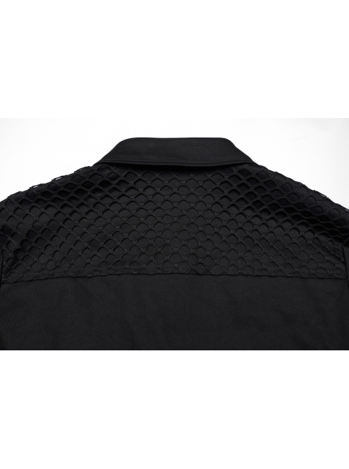 Black Slightly Elastic Twill Woven Front And Back Diamond Mesh With Three Dimensional Pocket Design Punk Style Long Sleeved Shirt