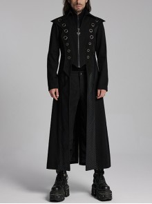 Personalized Black Twill Three Dimensional Mesh Woven Splicing PU Leather Front Metal Eyelet Decoration Punk Style Long Sleeve Long Coat